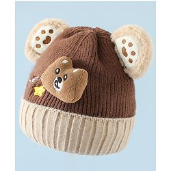 Babyhug Woollen Cap & Muffler Brown With Bear Applique in Brown - Diameter 18 cm