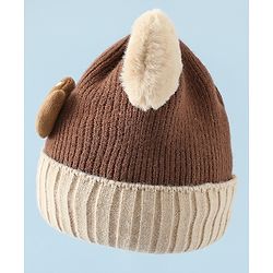 Babyhug Woollen Cap & Muffler Brown With Bear Applique in Brown - Diameter 18 cm