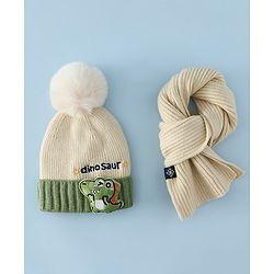 Babyhug Woollen Cap & Muffler With Dino Applique in White - Diameter 16.5 cm