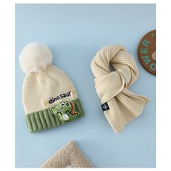 Babyhug Woollen Cap & Muffler With Dino Applique in White - Diameter 16.5 cm