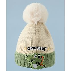 Babyhug Woollen Cap & Muffler With Dino Applique in White - Diameter 16.5 cm