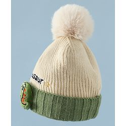 Babyhug Woollen Cap & Muffler With Dino Applique in White - Diameter 16.5 cm
