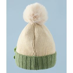 Babyhug Woollen Cap & Muffler With Dino Applique in White - Diameter 16.5 cm