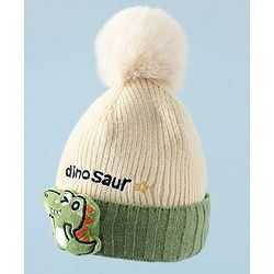 Babyhug Woollen Cap & Muffler With Dino Applique in White - Diameter 16.5 cm
