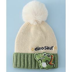 Babyhug Woollen Cap & Muffler With Dino Applique in White - Diameter 16.5 cm