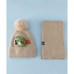 Babyhug Woollen Cap & Muffler With Dino Applique in White - Diameter 16.5 cm