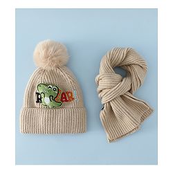 Babyhug Woollen Cap & Muffler With Dino Applique in White - Diameter 16.5 cm