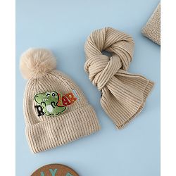 Babyhug Woollen Cap & Muffler With Dino Applique in White - Diameter 16.5 cm