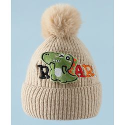 Babyhug Woollen Cap & Muffler With Dino Applique in White - Diameter 16.5 cm