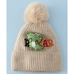 Babyhug Woollen Cap & Muffler With Dino Applique in White - Diameter 16.5 cm