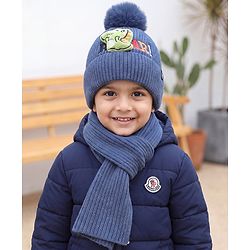 Babyhug Woollen Cap & Muffler With Dino Applique in White - Diameter 16.5 cm