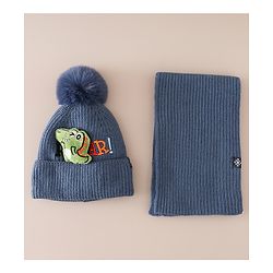 Babyhug Woollen Cap & Muffler With Dino Applique in White - Diameter 16.5 cm