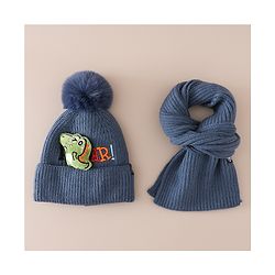Babyhug Woollen Cap & Muffler With Dino Applique in White - Diameter 16.5 cm