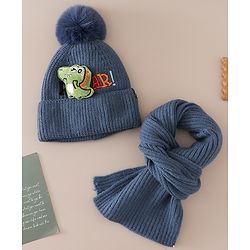 Babyhug Woollen Cap & Muffler With Dino Applique in White - Diameter 16.5 cm