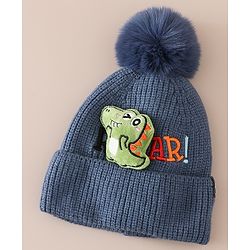 Babyhug Woollen Cap & Muffler With Dino Applique in White - Diameter 16.5 cm