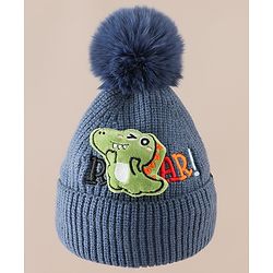 Babyhug Woollen Cap & Muffler With Dino Applique in White - Diameter 16.5 cm