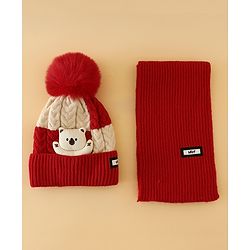 Babyhug Woollen Cap & Muffler With Bear Applique in Red -Diameter 17.5 cm