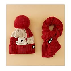 Babyhug Woollen Cap & Muffler With Bear Applique in Red -Diameter 17.5 cm