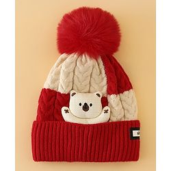 Babyhug Woollen Cap & Muffler With Bear Applique in Red -Diameter 17.5 cm