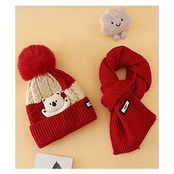 Babyhug Woollen Cap & Muffler With Bear Applique in Red -Diameter 17.5 cm