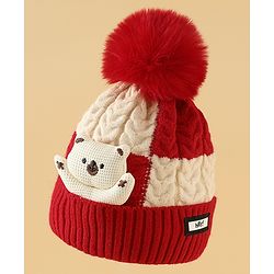 Babyhug Woollen Cap & Muffler With Bear Applique in Red -Diameter 17.5 cm