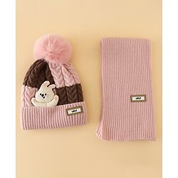 Babyhug Woollen Cap & Muffler With Bear Applique in Red -Diameter 17.5 cm