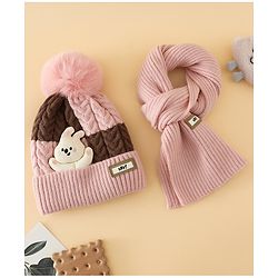 Babyhug Woollen Cap & Muffler With Bear Applique in Red -Diameter 17.5 cm