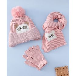 Babyhug Woollen Cap & Muffler With Bunny Patch in Pink - Diameter 20 cm