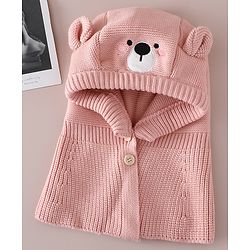 Babyhug Front Open Monkey Cap with Bear Applique & Patch Pink - Diameter 28.5 cm