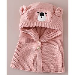 Babyhug Front Open Monkey Cap with Bear Applique & Patch Pink - Diameter 28.5 cm