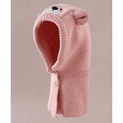 Babyhug Front Open Monkey Cap with Bear Applique & Patch Pink - Diameter 28.5 cm