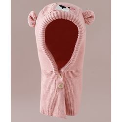 Babyhug Front Open Monkey Cap with Bear Applique & Patch Pink - Diameter 28.5 cm