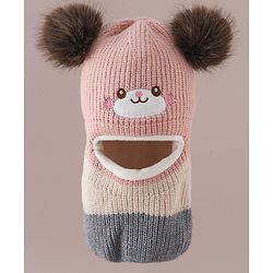 Babyhug Monkey Cap with Pom Pom and Bear Embroidery Pink - Diameter 22 cm