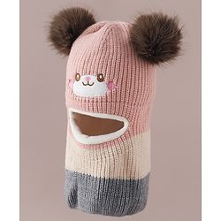 Babyhug Monkey Cap with Pom Pom and Bear Embroidery Pink - Diameter 22 cm