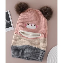 Babyhug Monkey Cap with Pom Pom and Bear Embroidery Pink - Diameter 22 cm