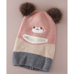 Babyhug Monkey Cap with Pom Pom and Bear Embroidery Pink - Diameter 22 cm