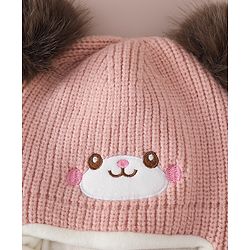 Babyhug Monkey Cap with Pom Pom and Bear Embroidery Pink - Diameter 22 cm