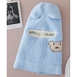 Babyhug Monkey Cap with Bear Embroidery & Ear Applique Light Blue - Diameter 23 cm