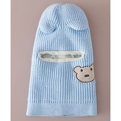 Babyhug Monkey Cap with Bear Embroidery & Ear Applique Light Blue - Diameter 23 cm