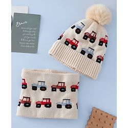 Babyhug Woollen Cap & Sets WIth Vehicle Design in Beige - Diameter 18 cm