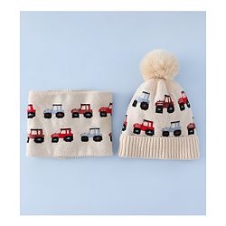 Babyhug Woollen Cap & Sets WIth Vehicle Design in Beige - Diameter 18 cm