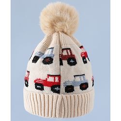 Babyhug Woollen Cap & Sets WIth Vehicle Design in Beige - Diameter 18 cm