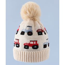 Babyhug Woollen Cap & Sets WIth Vehicle Design in Beige - Diameter 18 cm