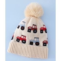 Babyhug Woollen Cap & Sets WIth Vehicle Design in Beige - Diameter 18 cm