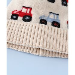 Babyhug Woollen Cap & Sets WIth Vehicle Design in Beige - Diameter 18 cm