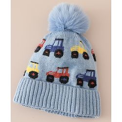 Babyhug Woollen Cap & Sets WIth Vehicle Design in Beige - Diameter 18 cm