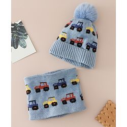 Babyhug Woollen Cap & Sets WIth Vehicle Design in Beige - Diameter 18 cm
