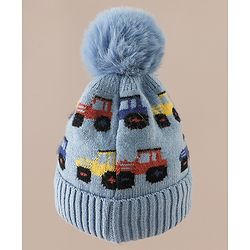 Babyhug Woollen Cap & Sets WIth Vehicle Design in Beige - Diameter 18 cm