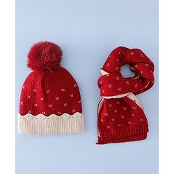 Babyhug Woollen Cap & Sets With Floral Design Red - Diameter 18.5 cm