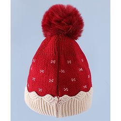 Babyhug Woollen Cap & Sets With Floral Design Red - Diameter 18.5 cm